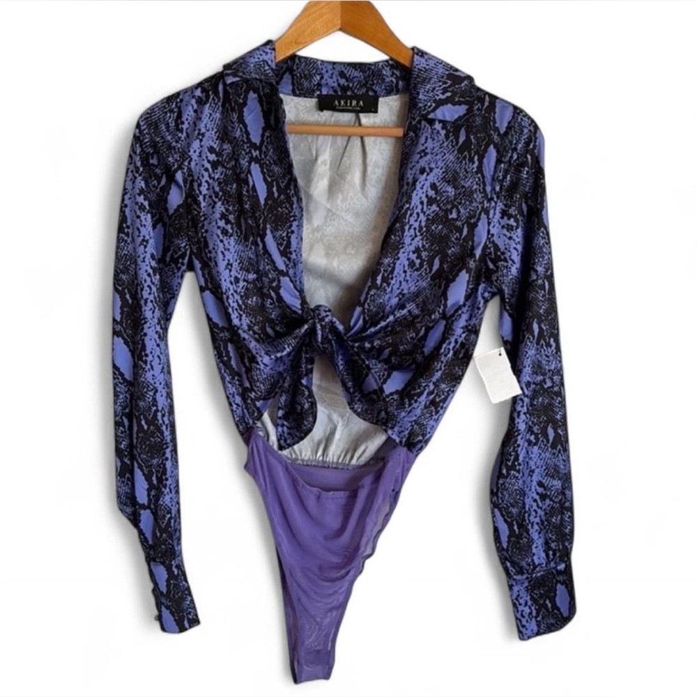 AKIRA Snake Satin Tie Front Bodysuit